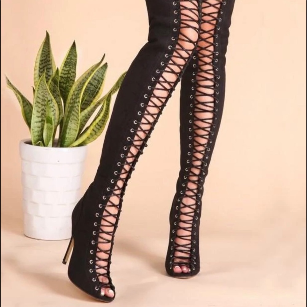 Sexy boots; black; over the knee; lace up; size 8